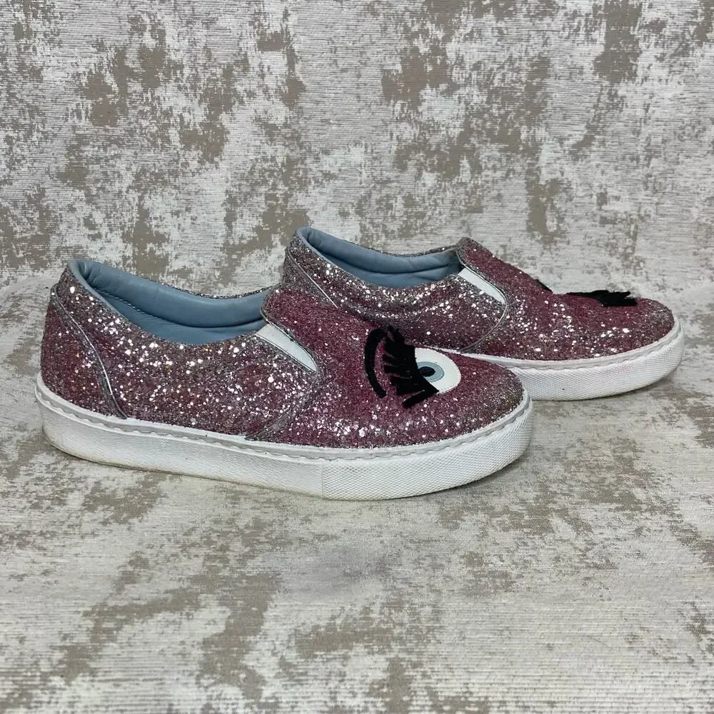 Chiara Ferragni Flirting Glitter Italian Leather Slip On Sneakers in Pink